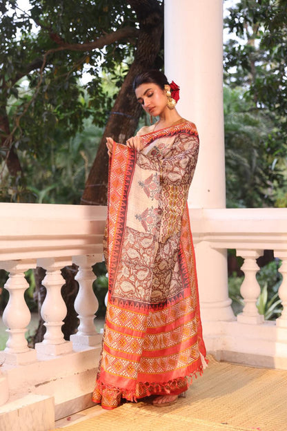 A stunner tussar by zari handwoven silk saree with Bagh handblock prints and  handembroidery phulkari work