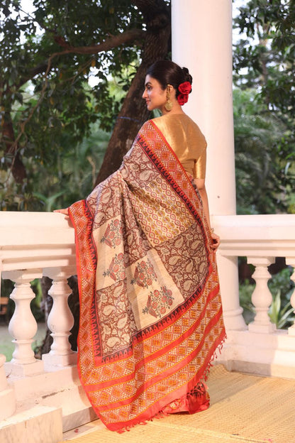 A stunner tussar by zari handwoven silk saree with Bagh handblock prints and  handembroidery phulkari work