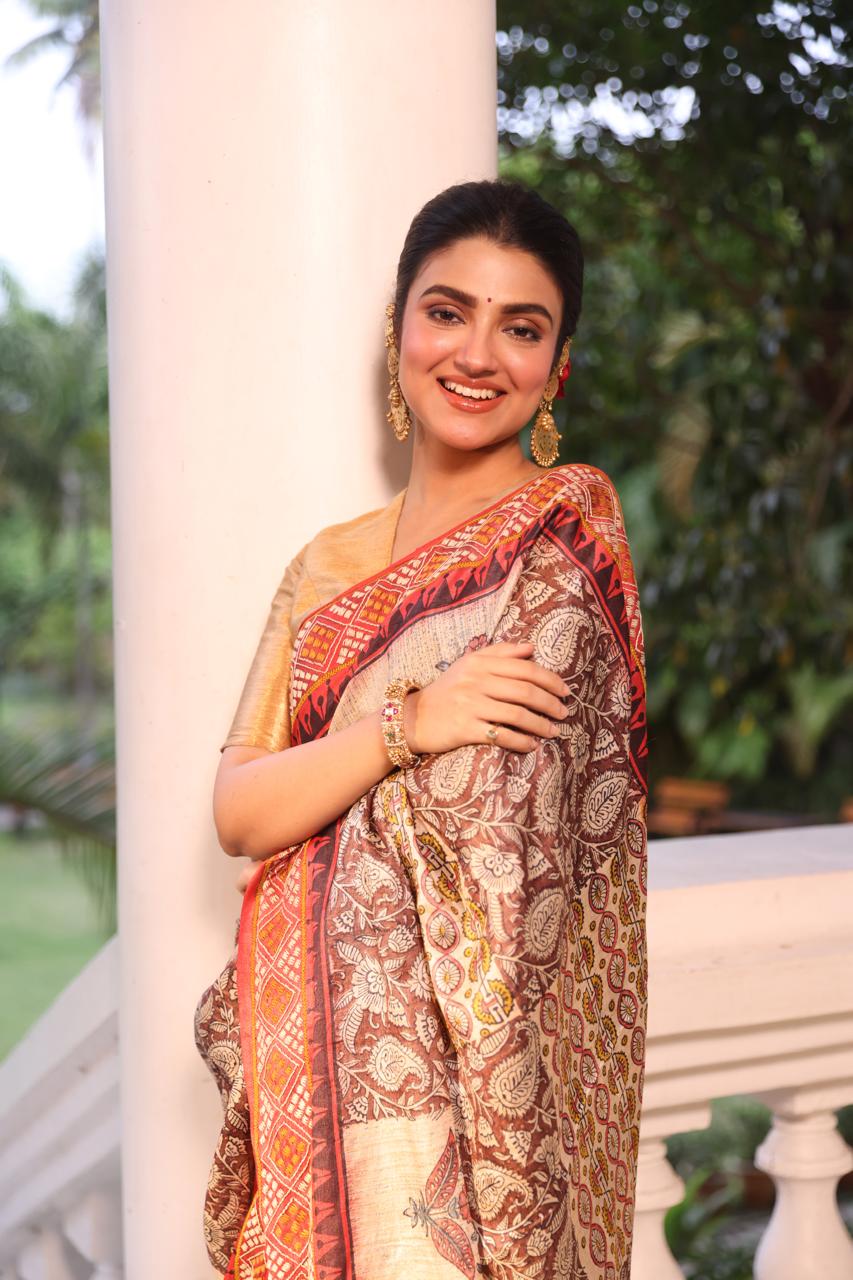 A stunner tussar by zari handwoven silk saree with Bagh handblock prints and  handembroidery phulkari work