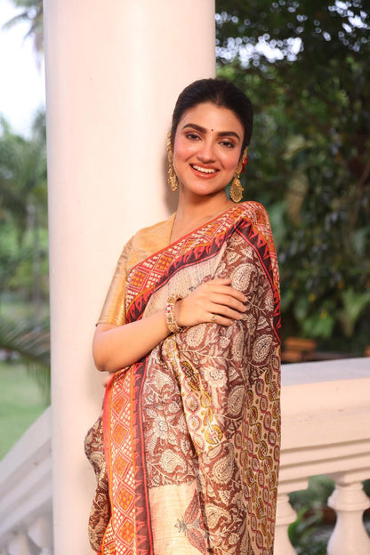 A stunner tussar by zari handwoven silk saree with Bagh handblock prints and  handembroidery phulkari work