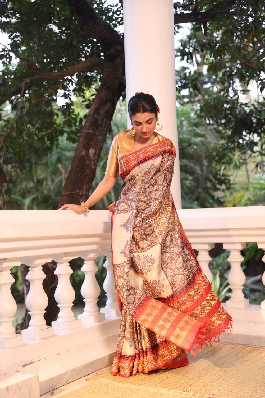 A stunner tussar by zari handwoven silk saree with Bagh handblock prints and  handembroidery phulkari work