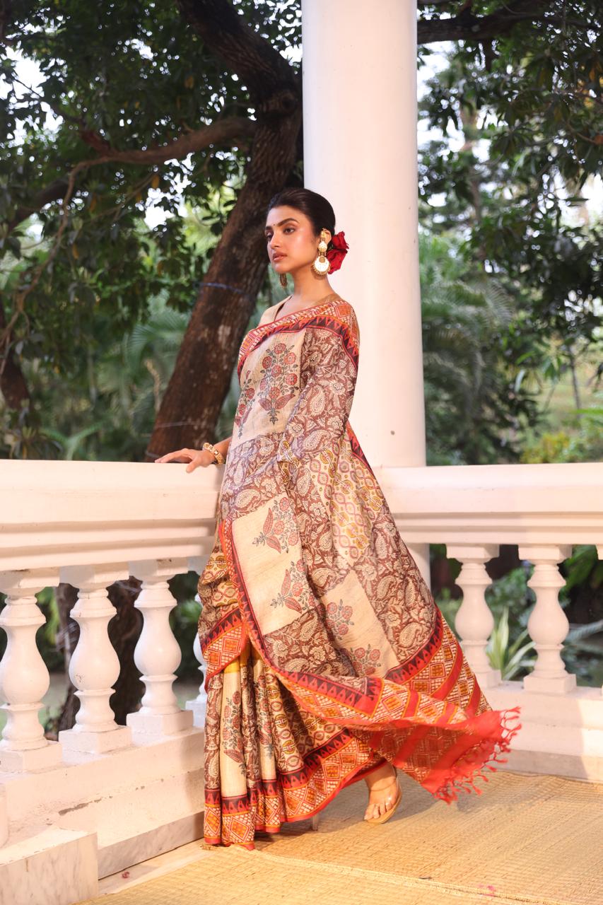 A stunner tussar by zari handwoven silk saree with Bagh handblock prints and  handembroidery phulkari work
