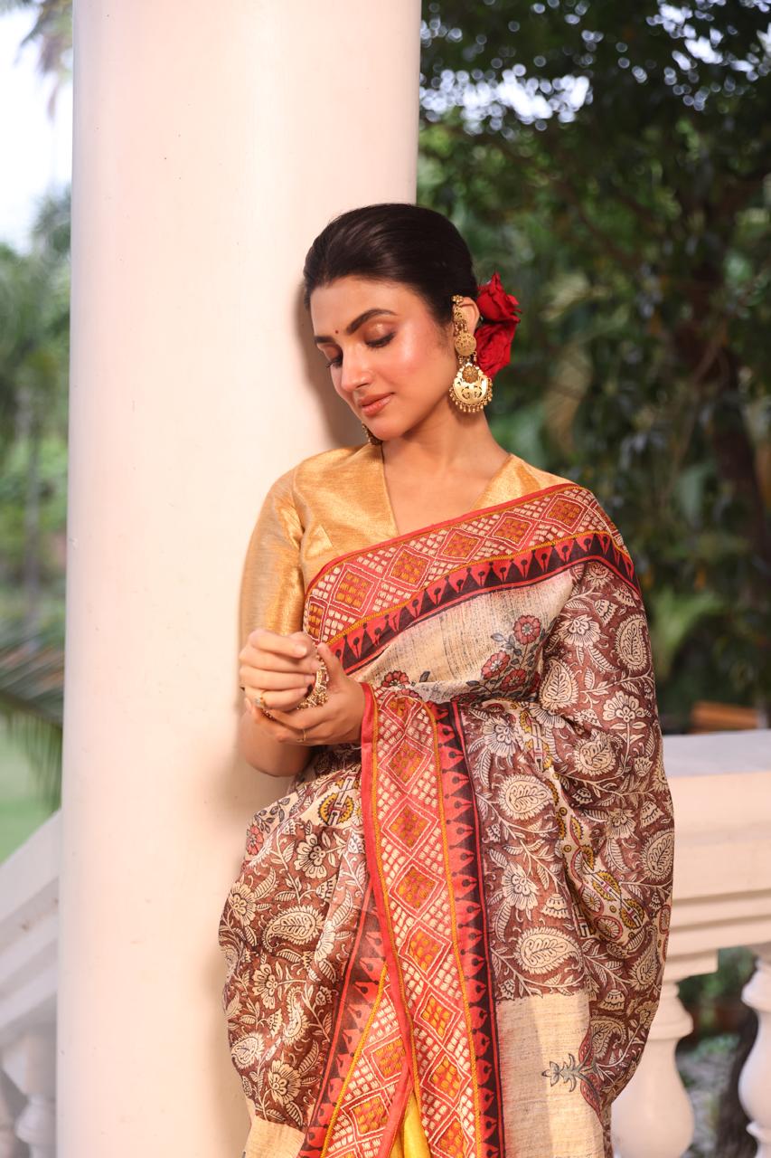 A stunner tussar by zari handwoven silk saree with Bagh handblock prints and  handembroidery phulkari work