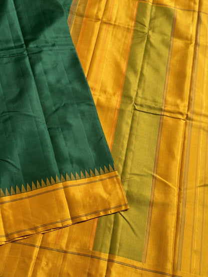 Handwoven Pure Arani Korvai Silk With kasakasa kattam in emerald green with mustard yellow