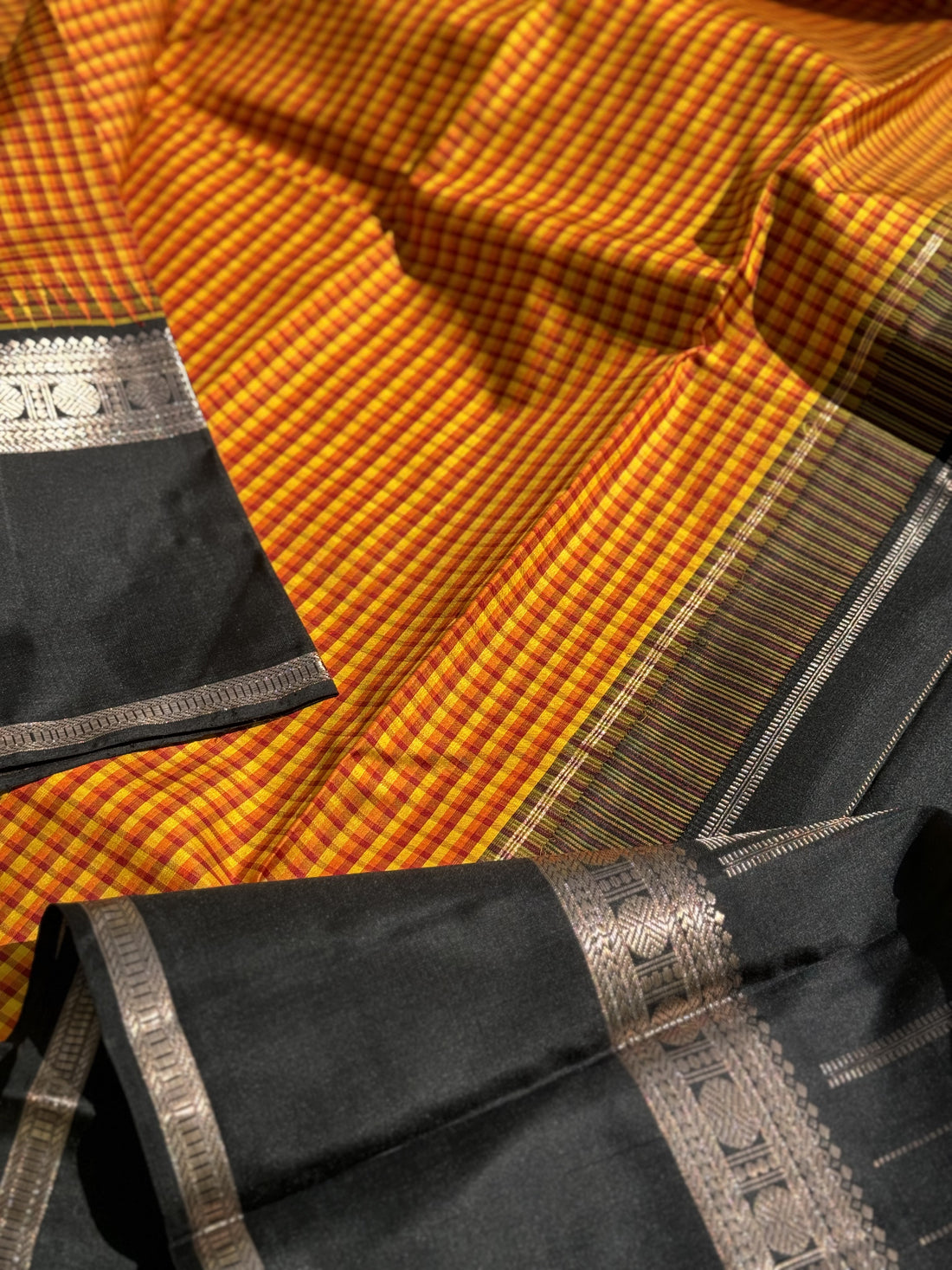 Handwoven Pure Arani Korvai Silk With Pattani kattam or pea checks in mustard yellow with black