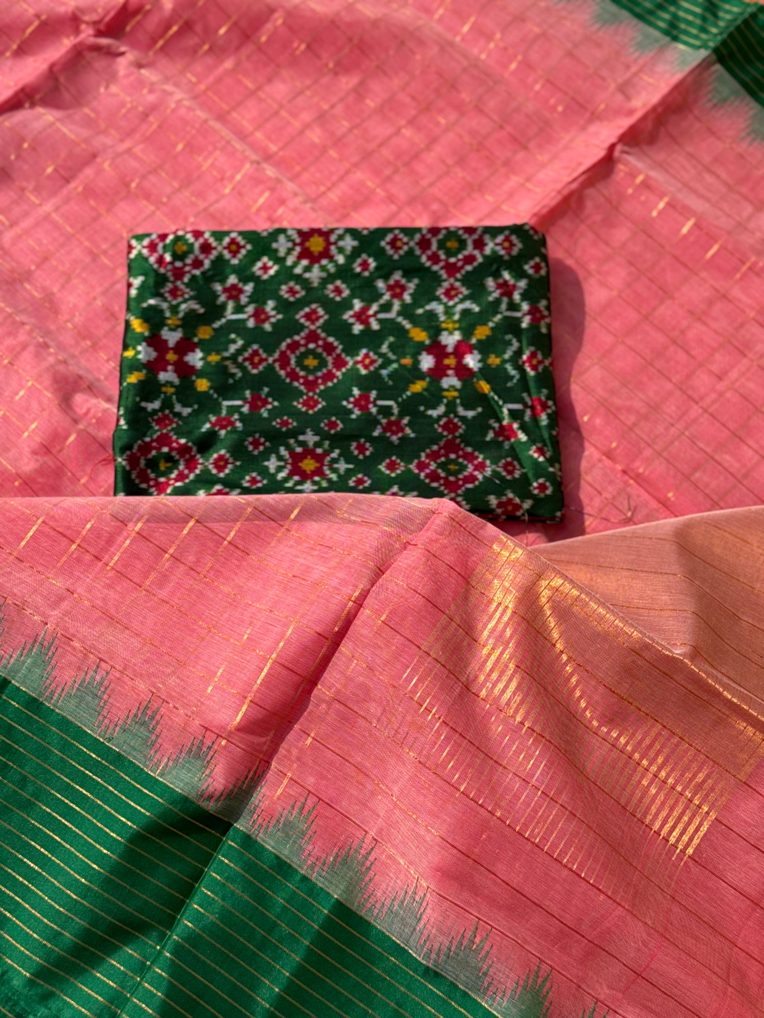 Handspun and handwoven ponduru Khadhi cotton saree with zari checks