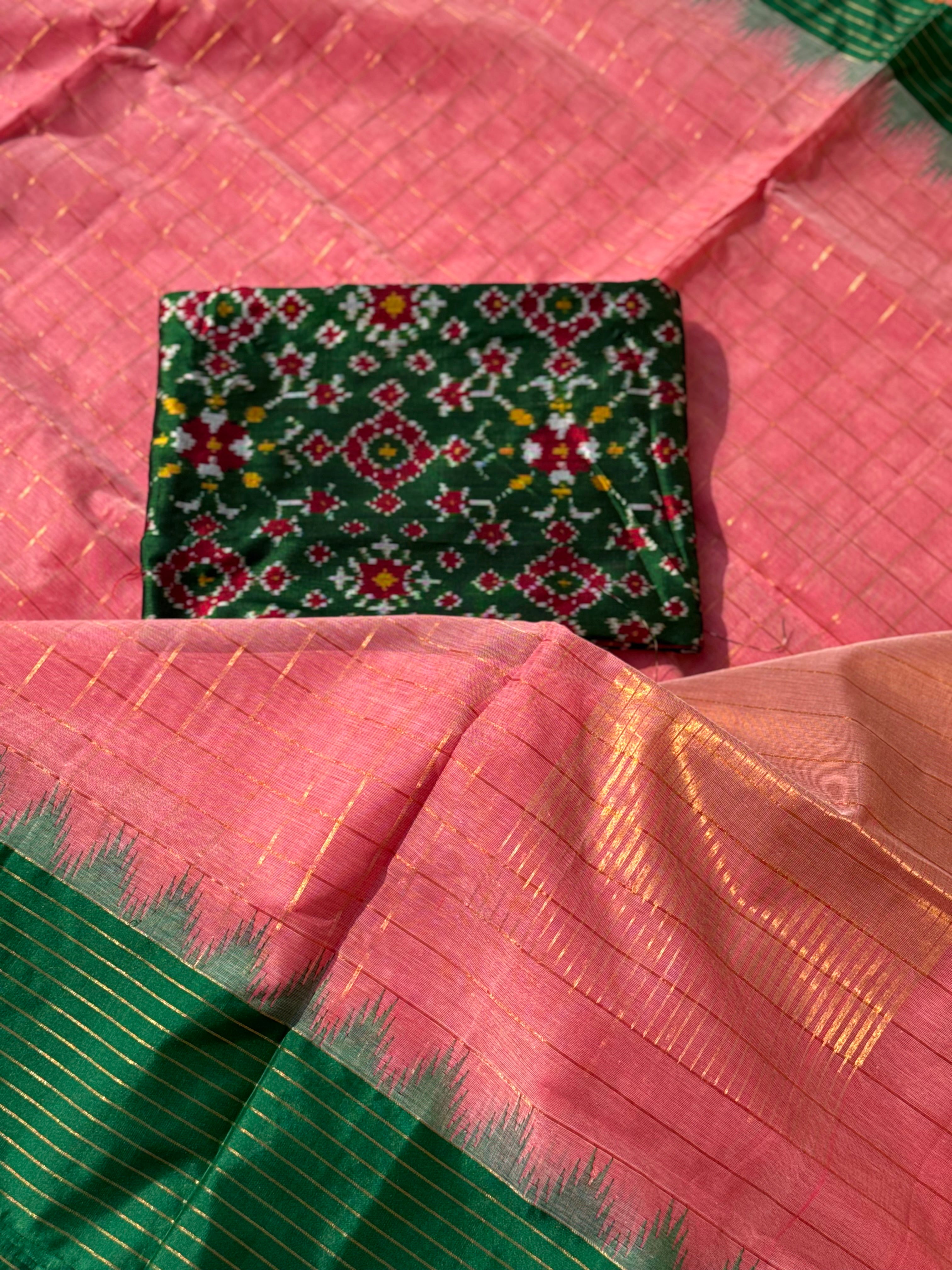 Handspun and handwoven ponduru Khadhi cotton saree with zari checks