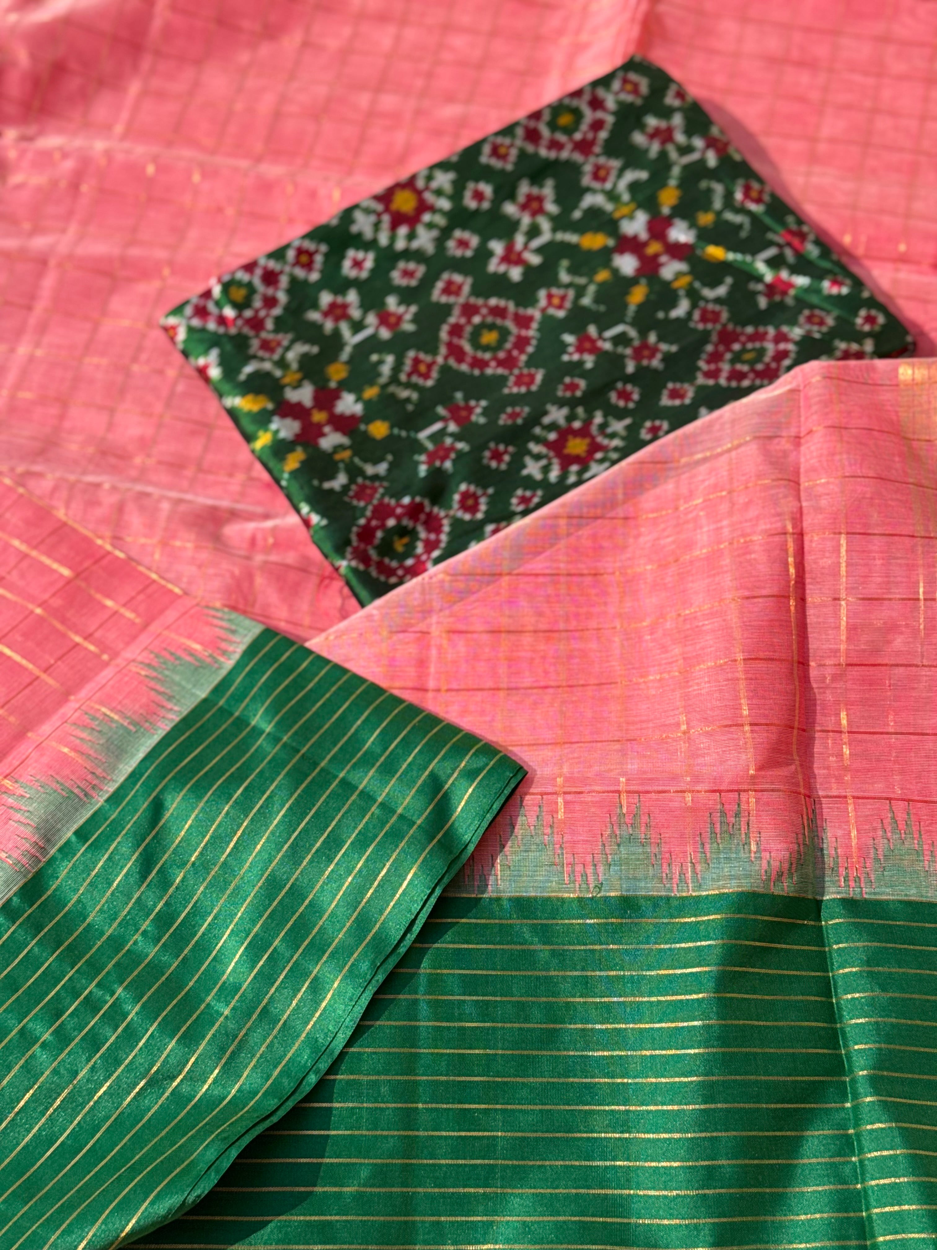 Handspun and handwoven ponduru Khadhi cotton saree with zari checks