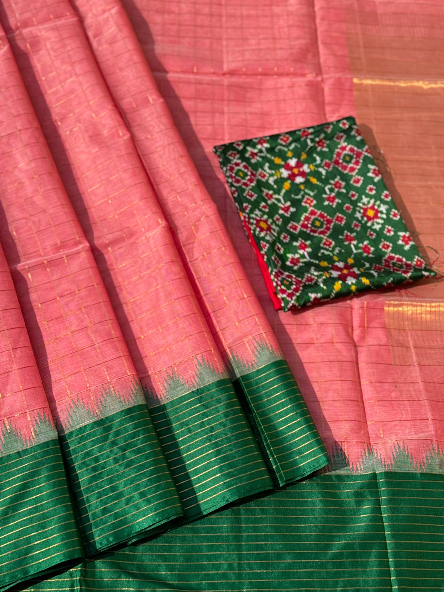 Handspun and handwoven ponduru Khadhi cotton saree with zari checks