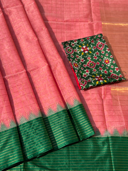 Handspun and handwoven ponduru Khadhi cotton saree with zari checks