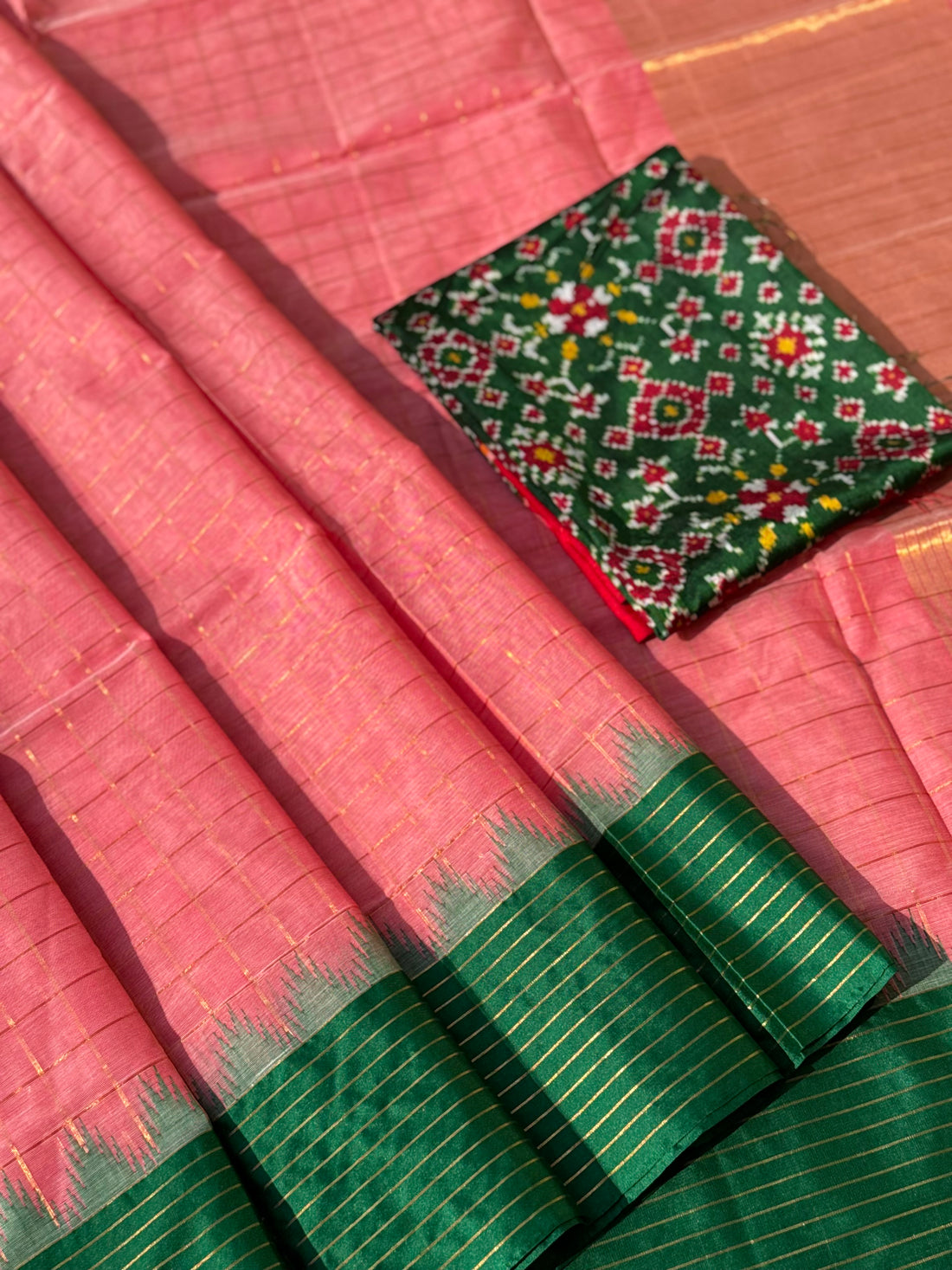 Handspun and handwoven ponduru Khadhi cotton saree with zari checks