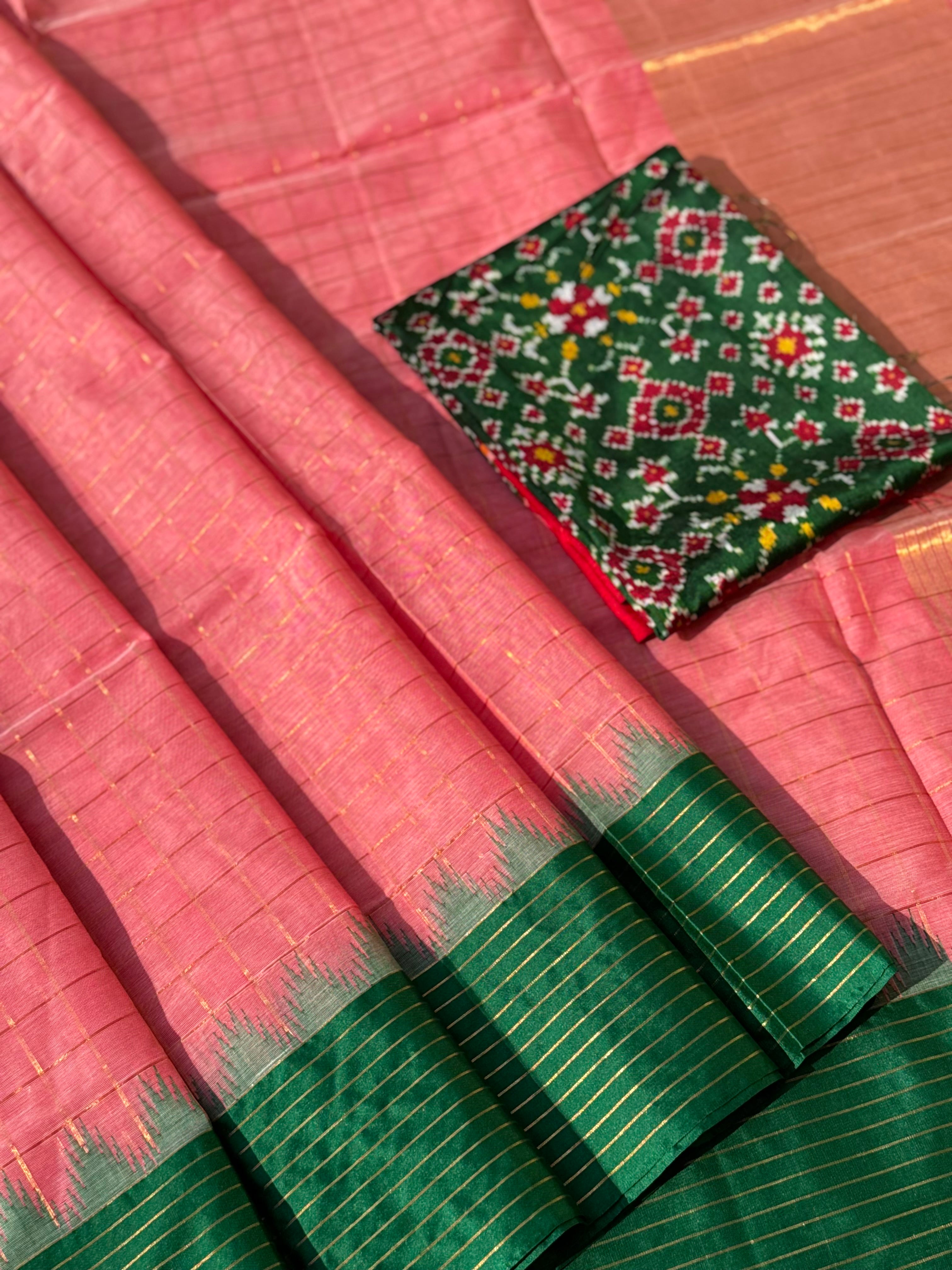 Handspun and handwoven ponduru Khadhi cotton saree with zari checks
