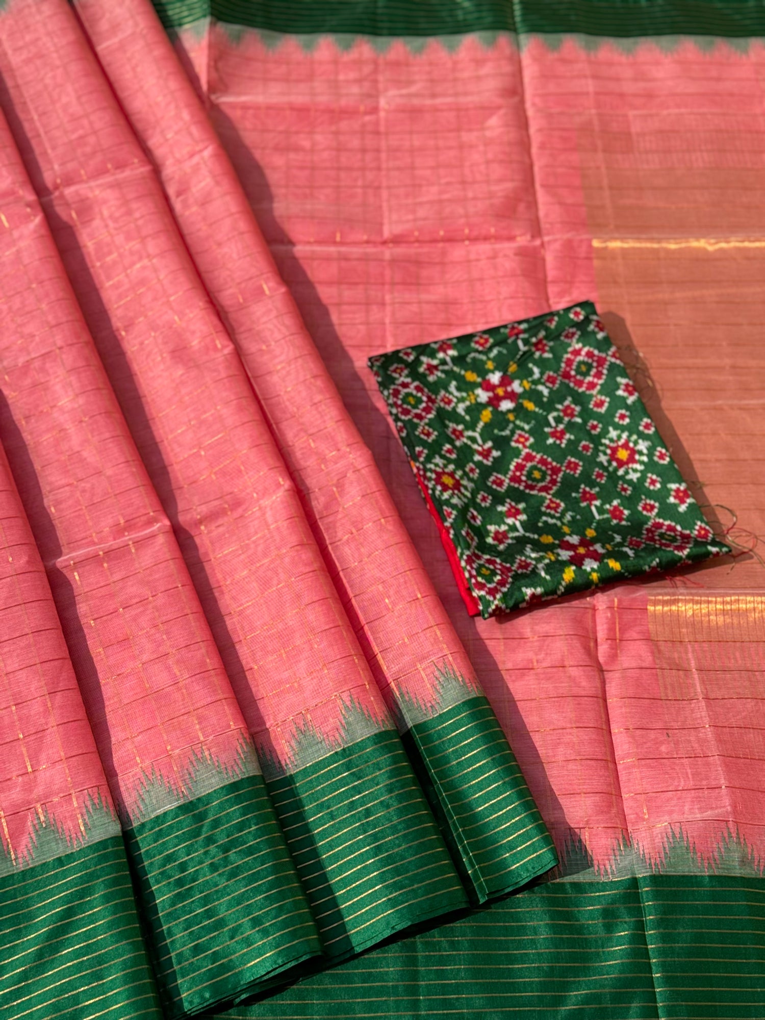 Handspun and handwoven ponduru Khadhi cotton saree with zari checks