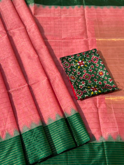 Handspun and handwoven ponduru Khadhi cotton saree with zari checks