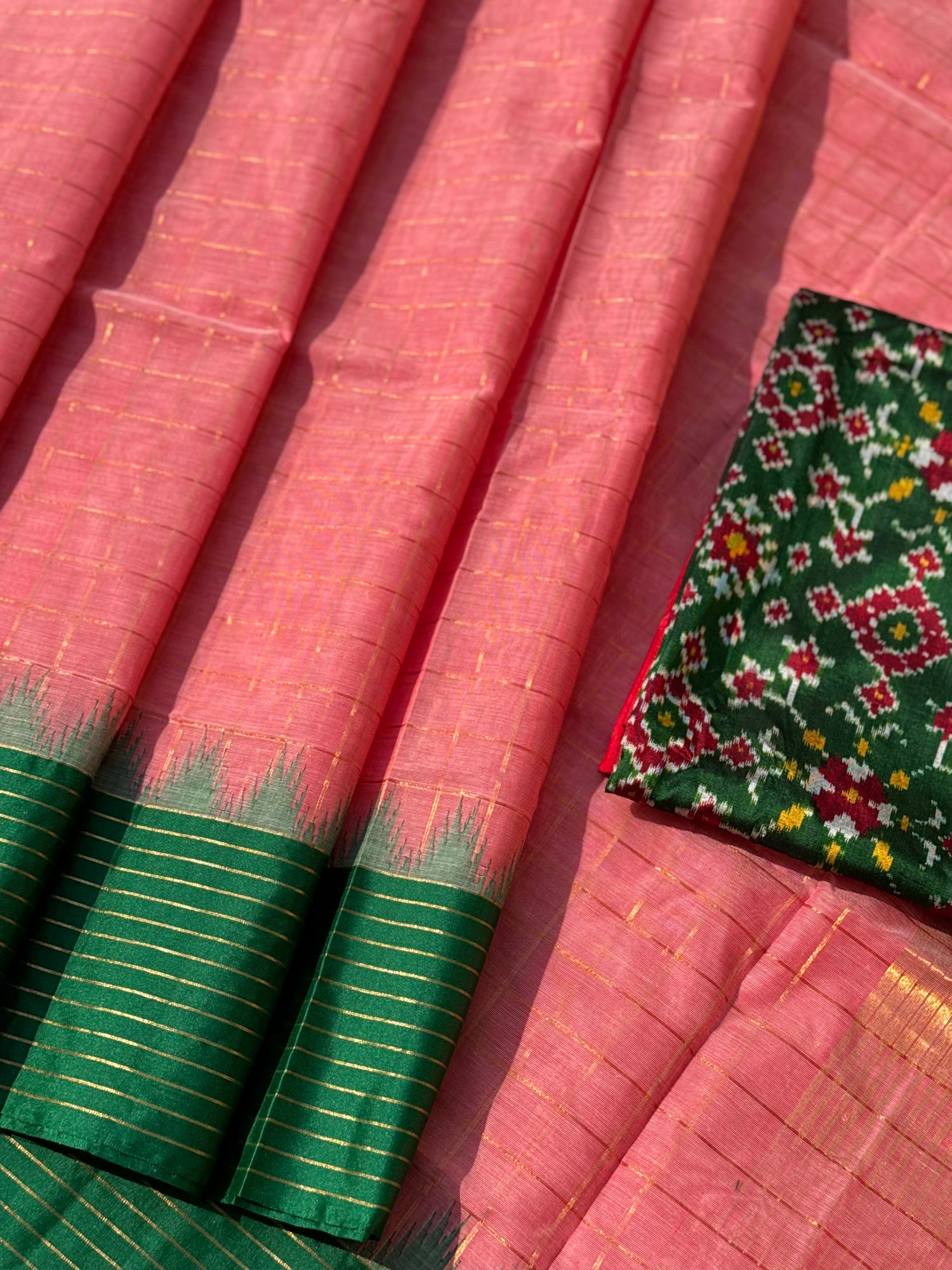 Handspun and handwoven ponduru Khadhi cotton saree with zari checks