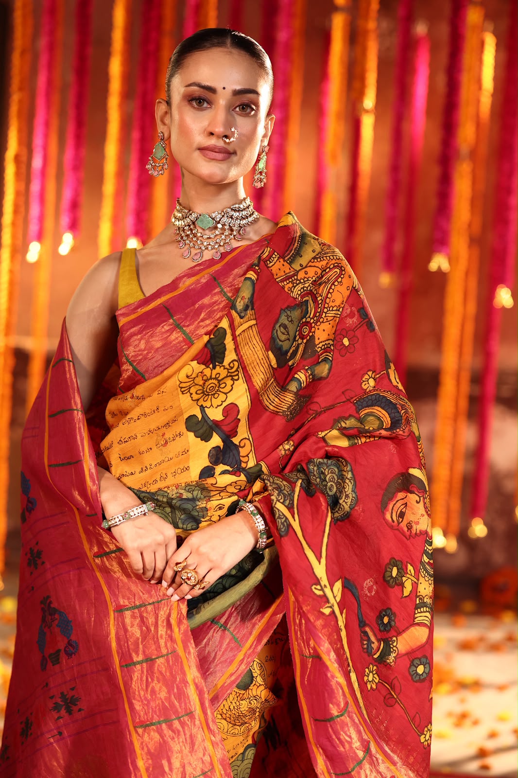 Olive green with fern yellow Masterpiece Single muniya paithani silk saree Handdrawn handpainted penkalamkari