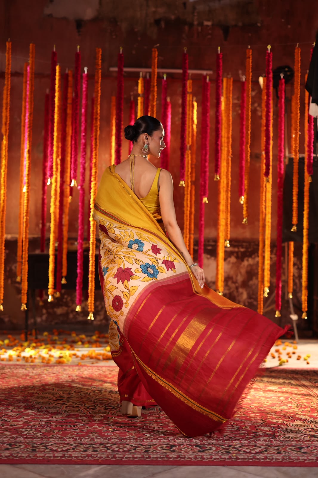 VRATHAPANI Pen Kalamkari Kanchivaram Silk with Ganga jamuna korvai