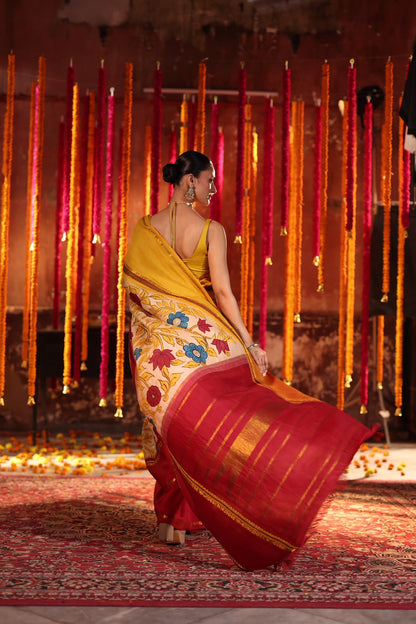 VRATHAPANI Pen Kalamkari Kanchivaram Silk with Ganga jamuna korvai
