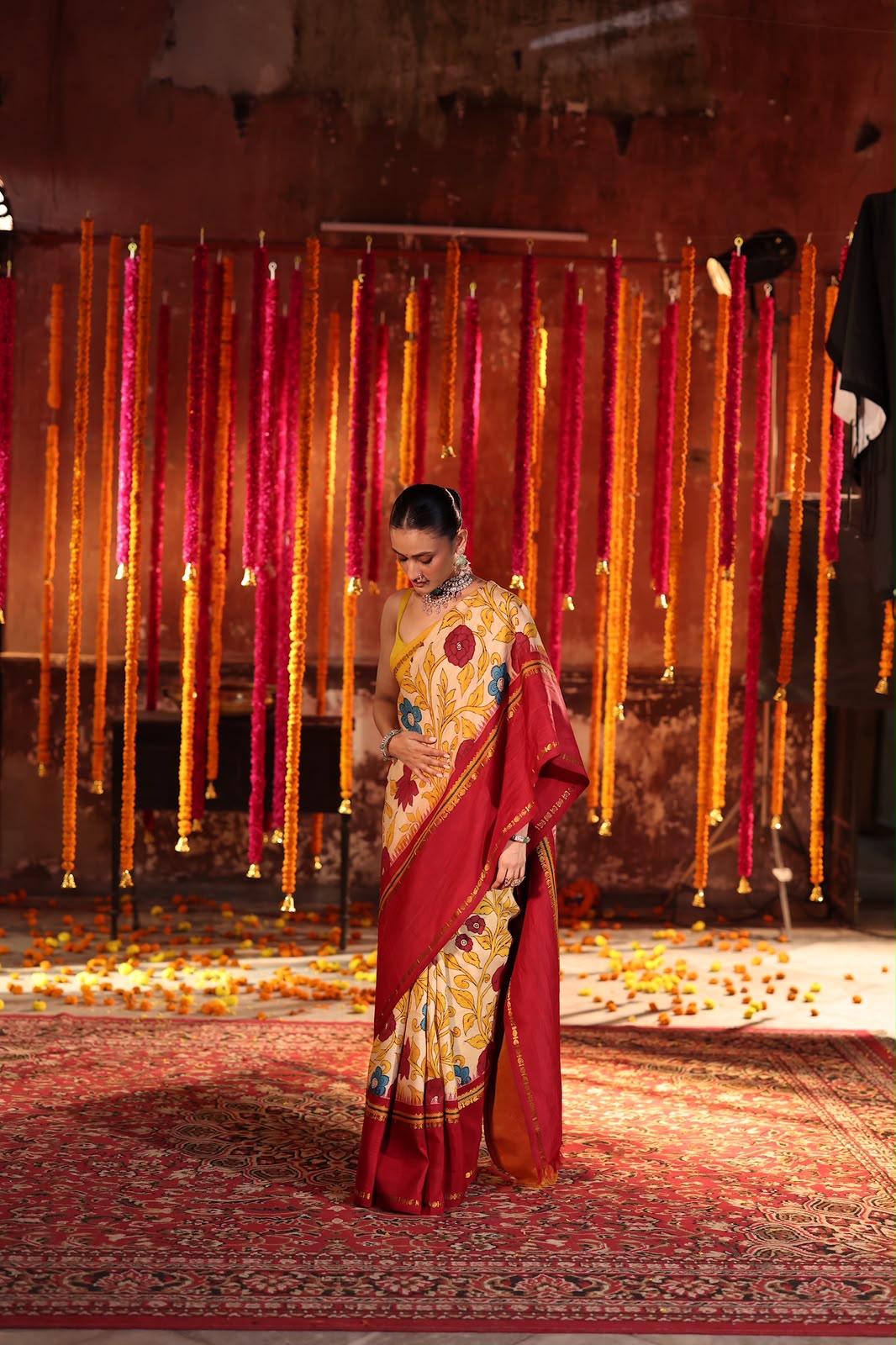 VRATHAPANI Pen Kalamkari Kanchivaram Silk with Ganga jamuna korvai