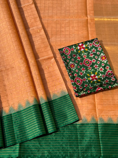 Handspun and handwoven ponduru Khadhi cotton saree with zari checks