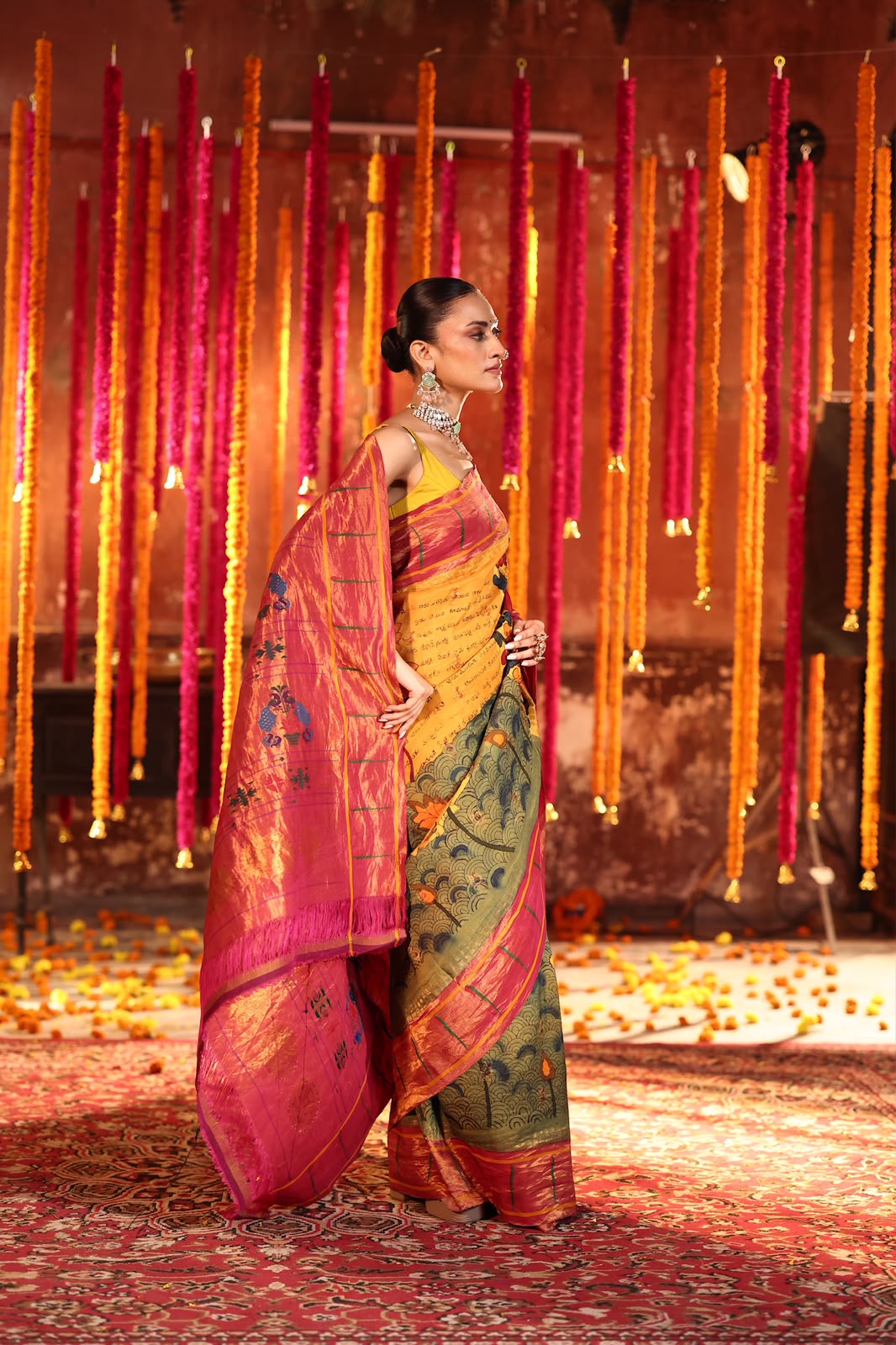 Olive green with fern yellow Masterpiece Single muniya paithani silk saree Handdrawn handpainted penkalamkari