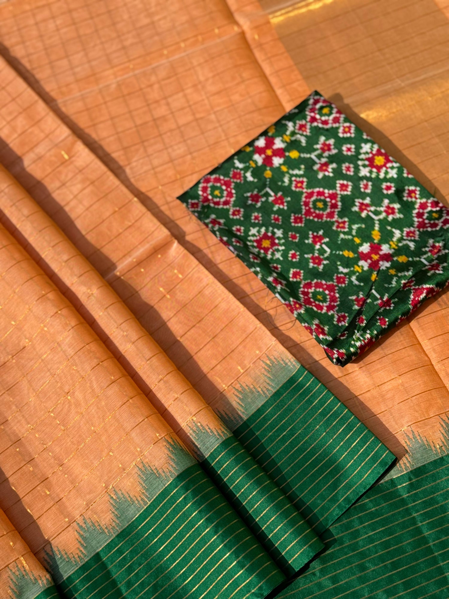 Handspun and handwoven ponduru Khadhi cotton saree with zari checks