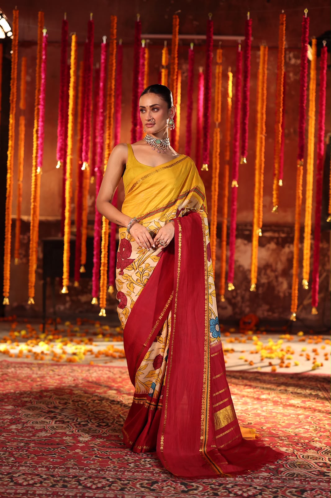 VRATHAPANI Pen Kalamkari Kanchivaram Silk with Ganga jamuna korvai