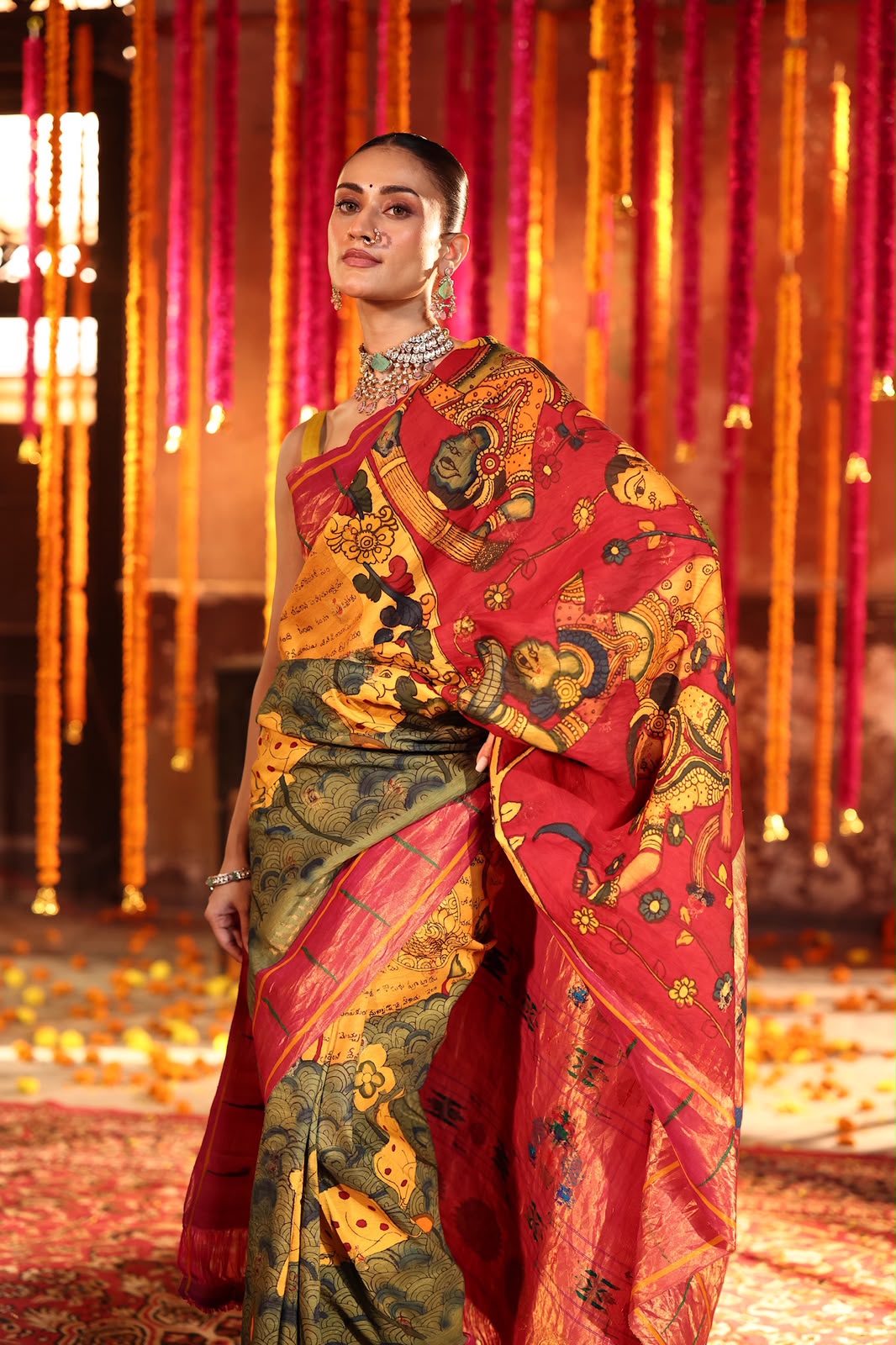 Olive green with fern yellow Masterpiece Single muniya paithani silk saree Handdrawn handpainted penkalamkari