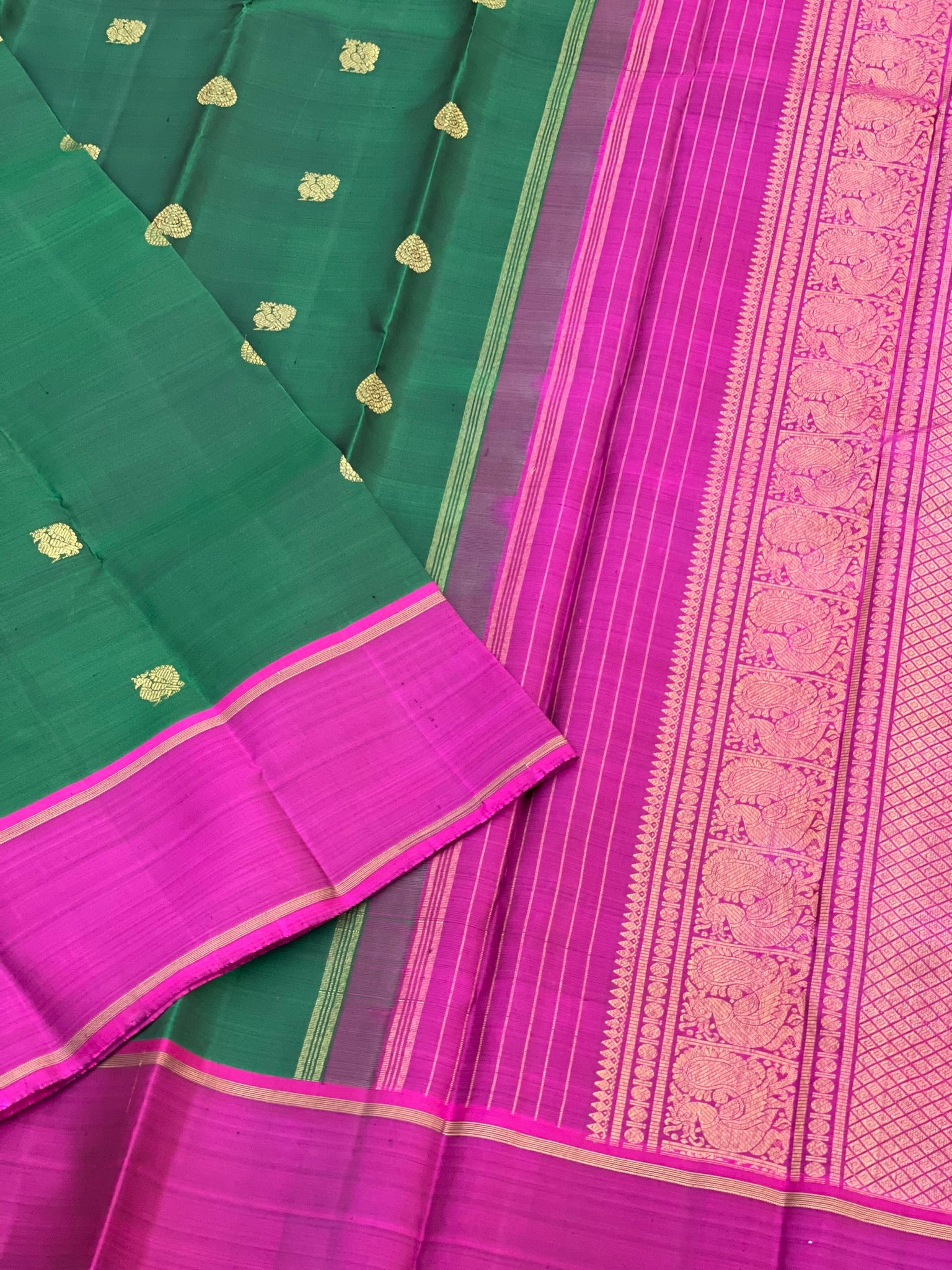 Bottle Green With Pink Kanchivaram Silk Saree With Annam Kamalam Buttas