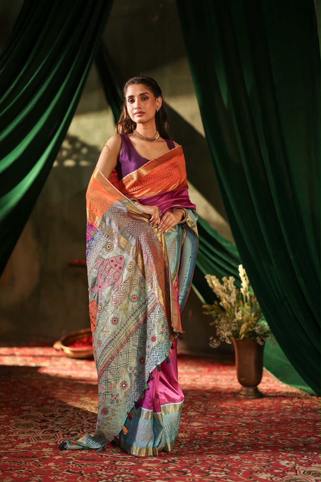 Kanchivaram korvai silk saree with lambani handembroidery work