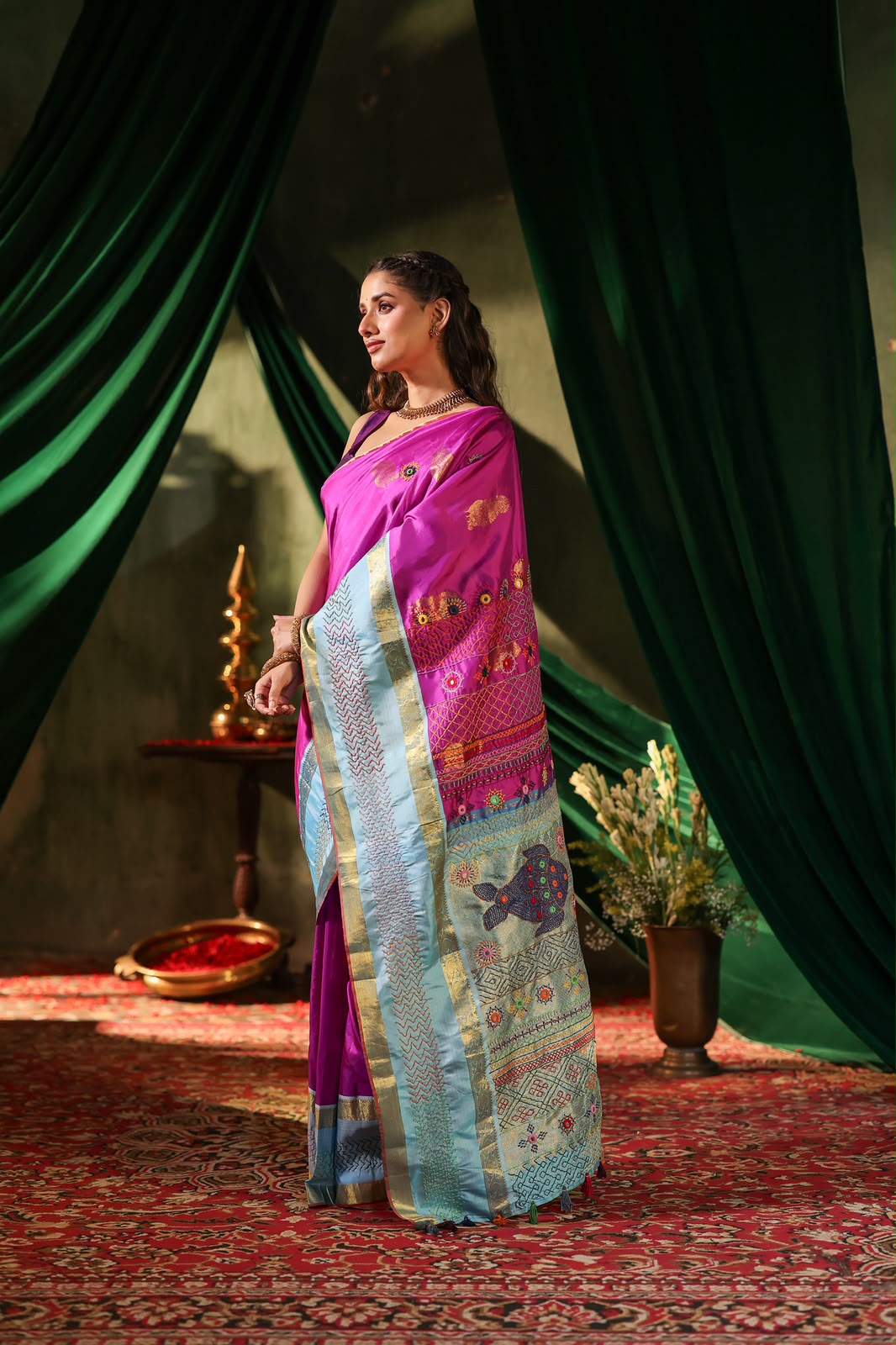 Kanchivaram korvai silk saree with lambani handembroidery work