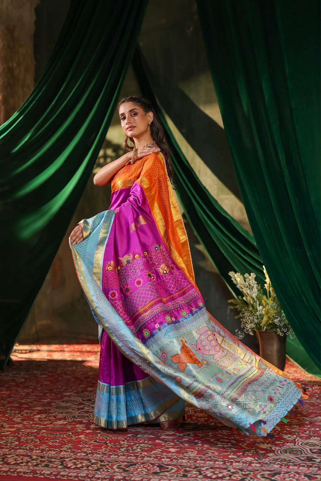 Kanchivaram korvai silk saree with lambani handembroidery work
