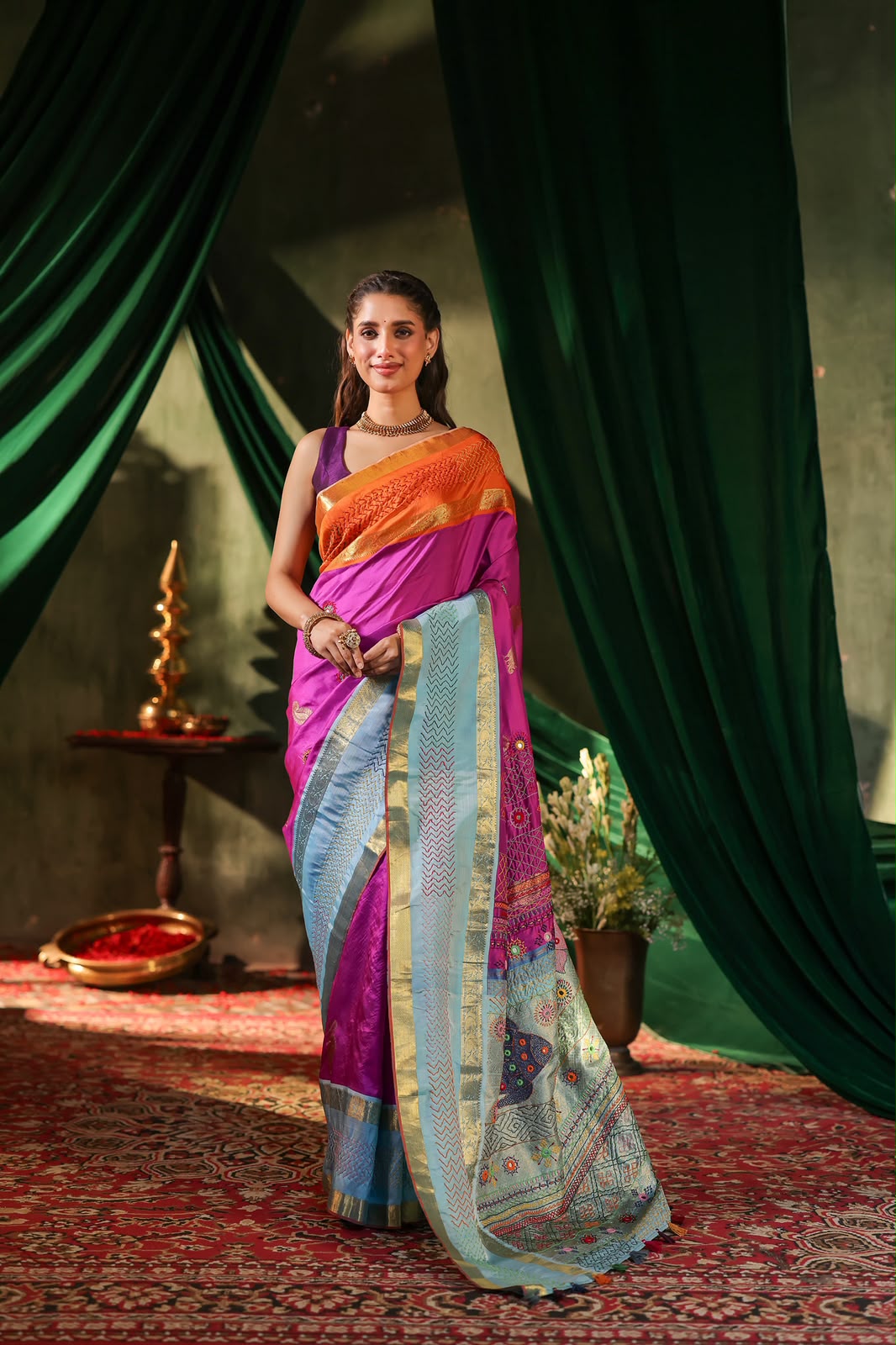 Kanchivaram korvai silk saree with lambani handembroidery work