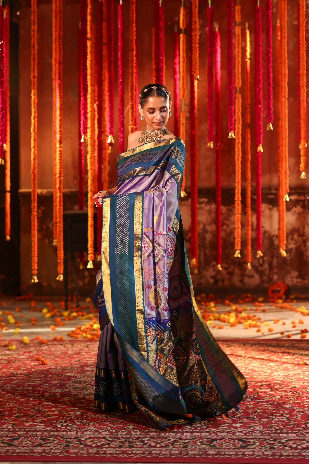 Exclusive masterpiece Kanchivaram korvai silk saree with hand embroidery lambani work