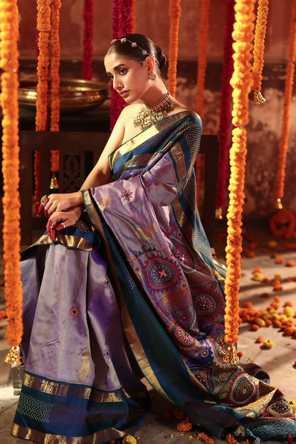 Exclusive masterpiece Kanchivaram korvai silk saree with hand embroidery lambani work
