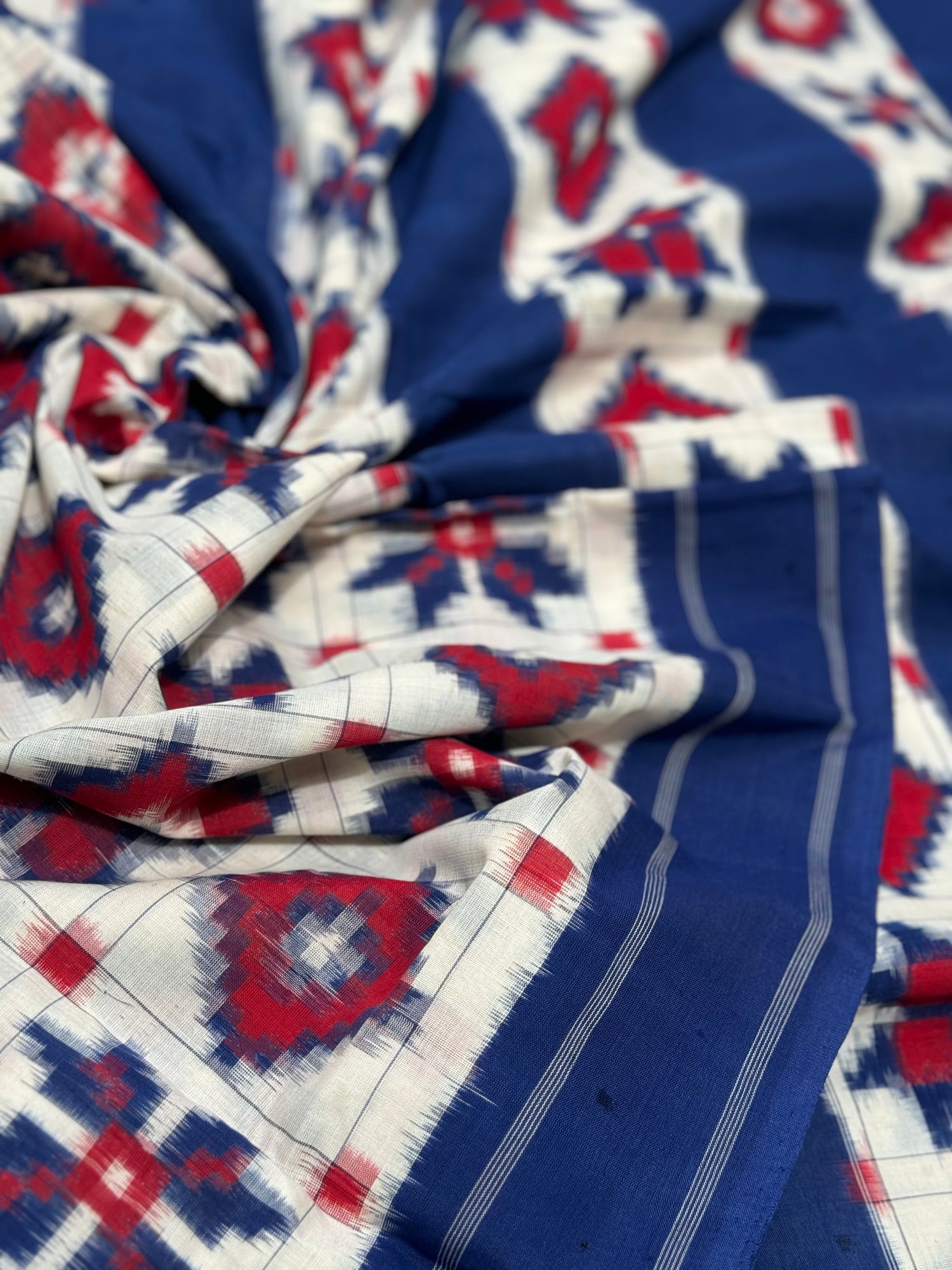 Blue red and white Telia Rumal double ikkat cotton saree