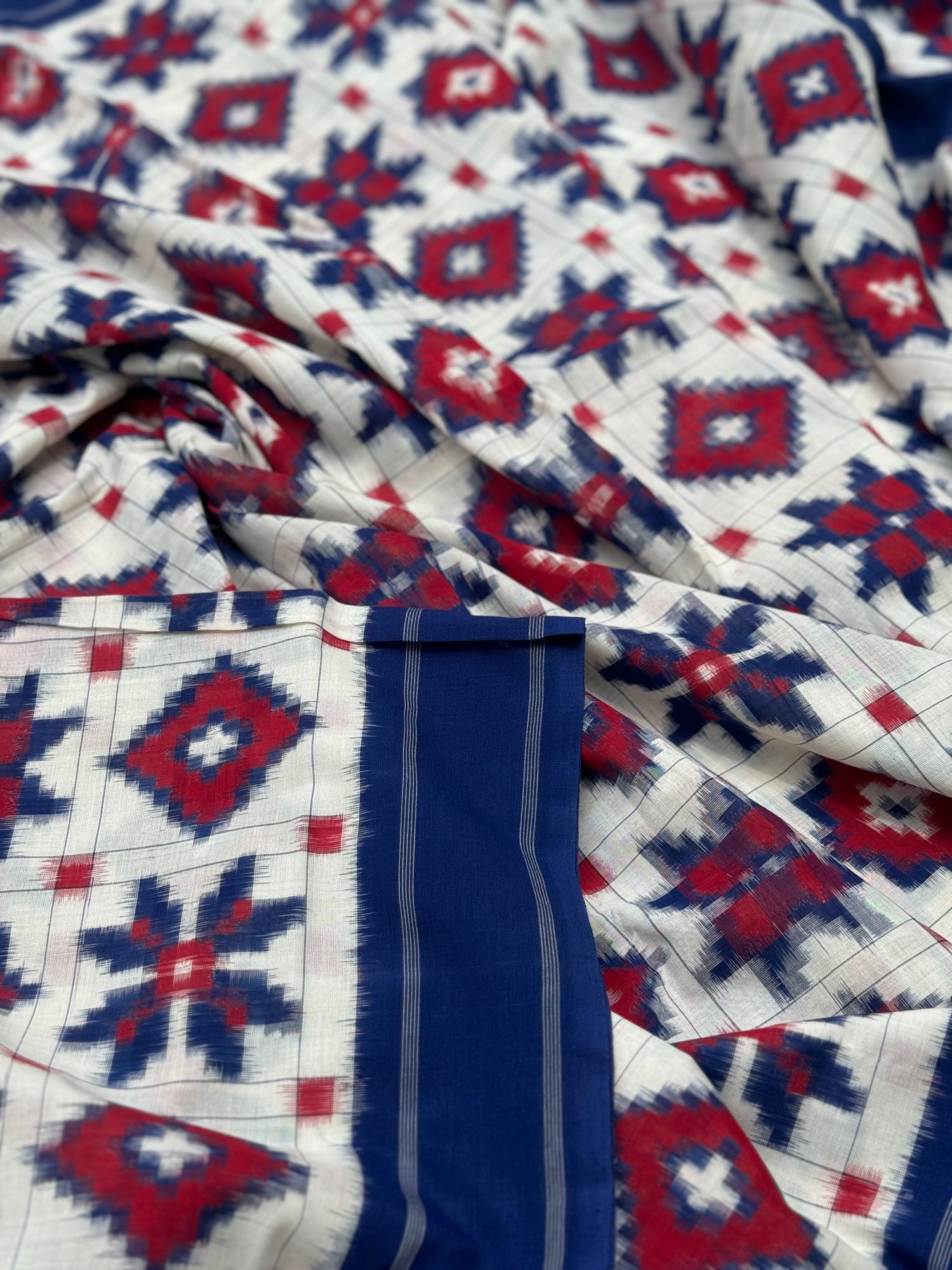 Blue red and white Telia Rumal double ikkat cotton saree
