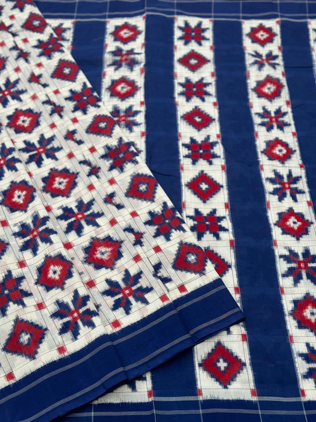 Blue red and white Telia Rumal double ikkat cotton saree