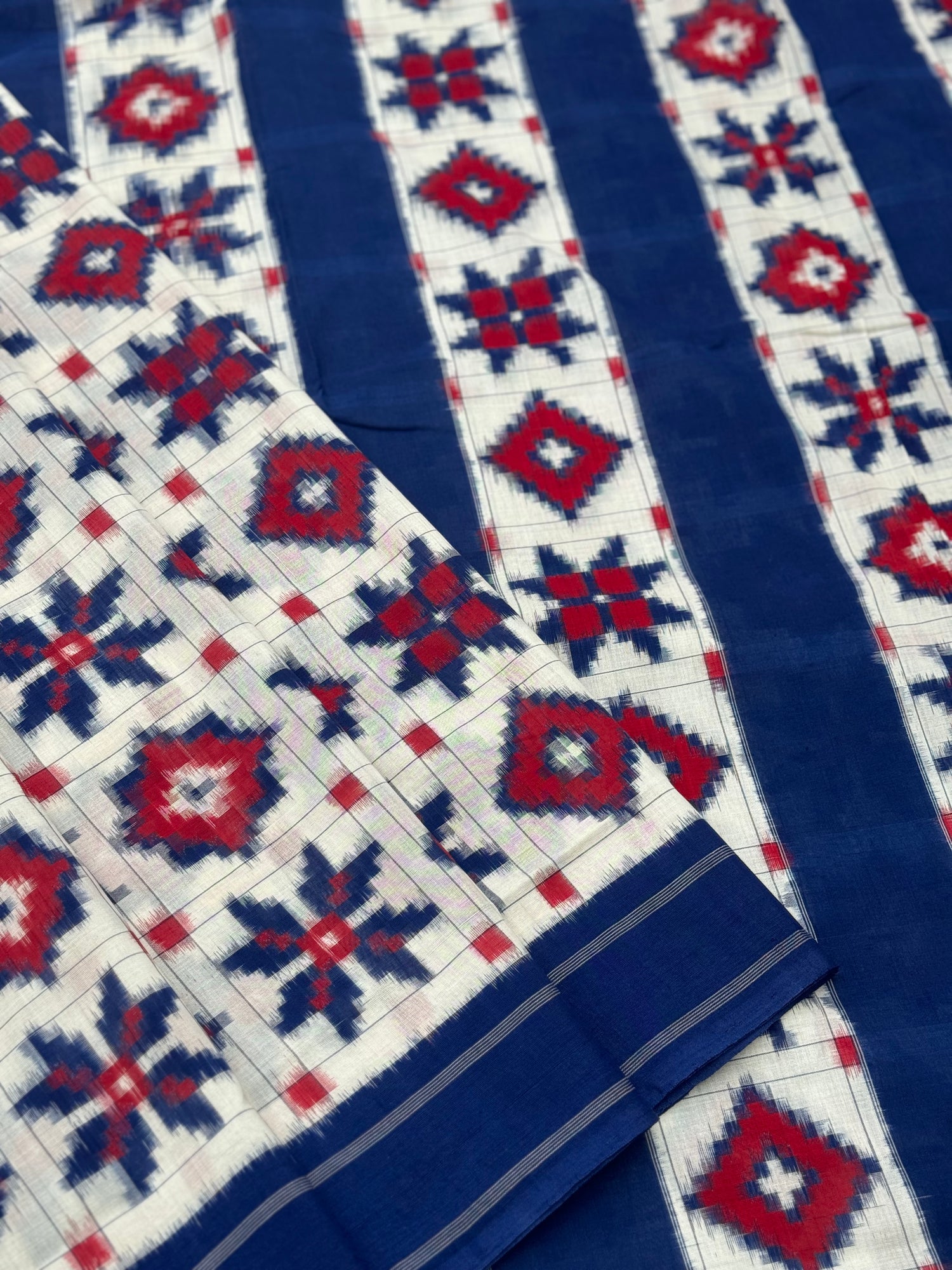 Blue red and white Telia Rumal double ikkat cotton saree