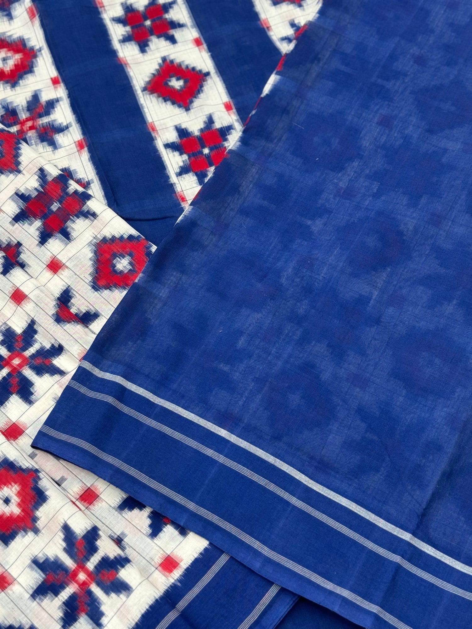 Blue red and white Telia Rumal double ikkat cotton saree