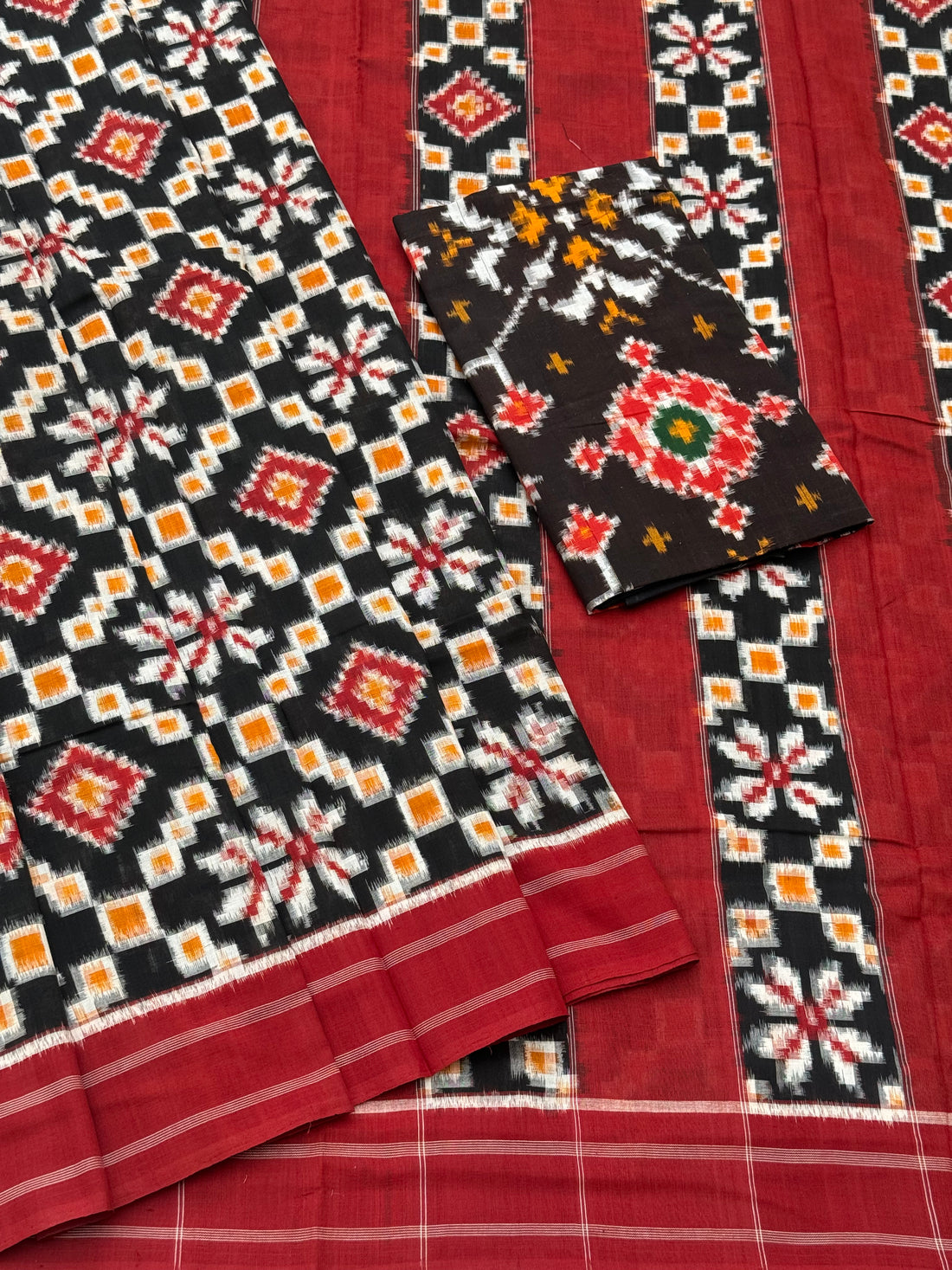 Yellow black and Red Telia Rumal double ikkat cotton saree
