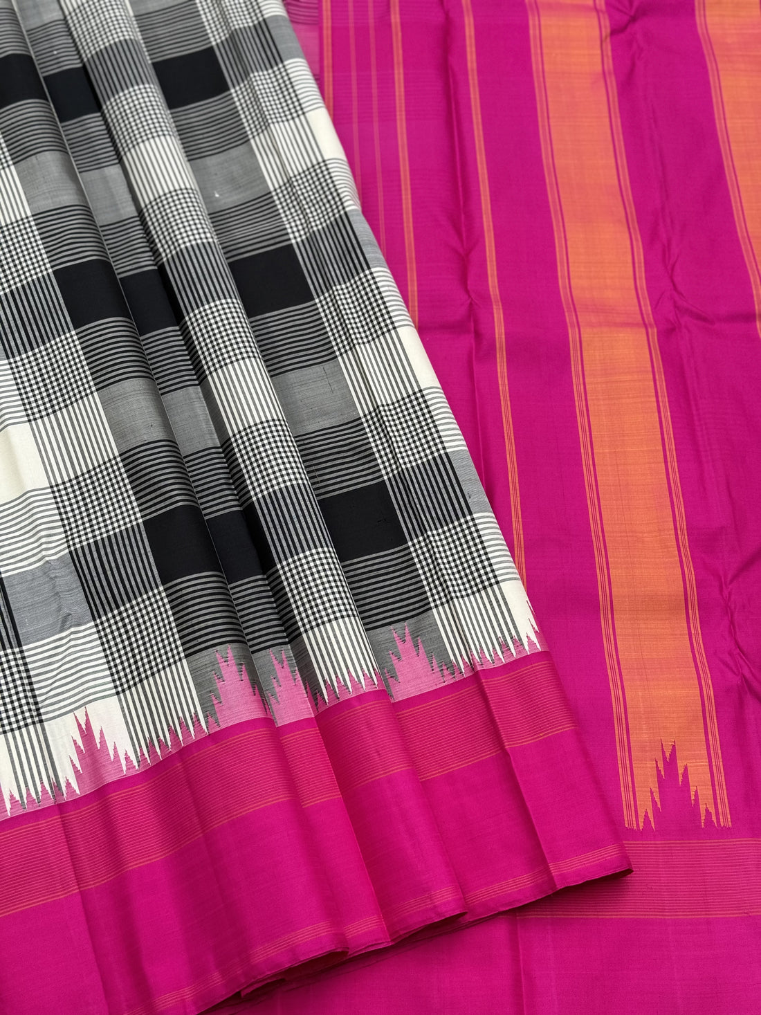 Handwoven Pure Arani Korvai Silk With Burberry plaid in black white and pink