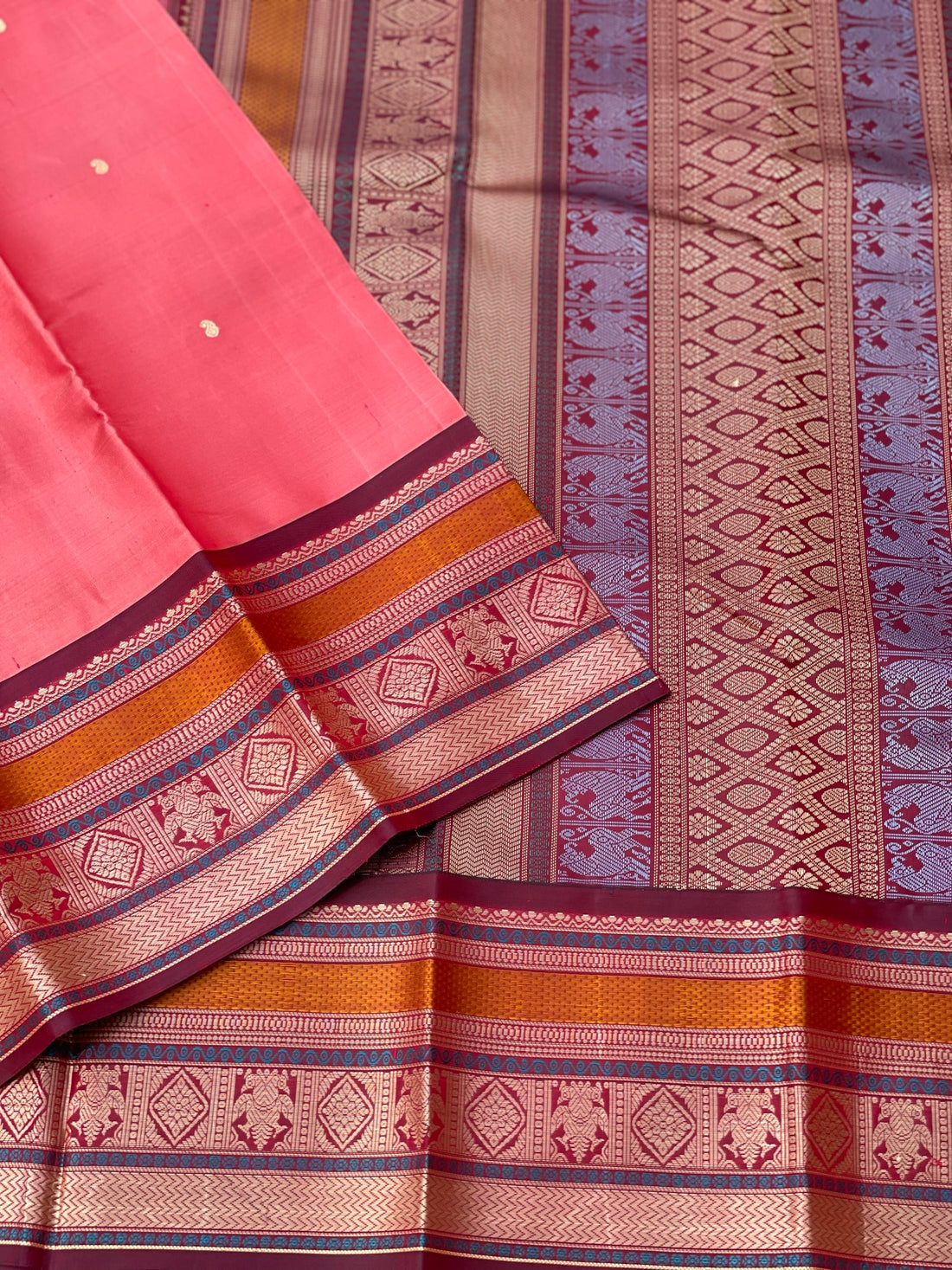 Threadwork Kanchivaram Silk Saree With Diamond And Iruthalapakshi Border