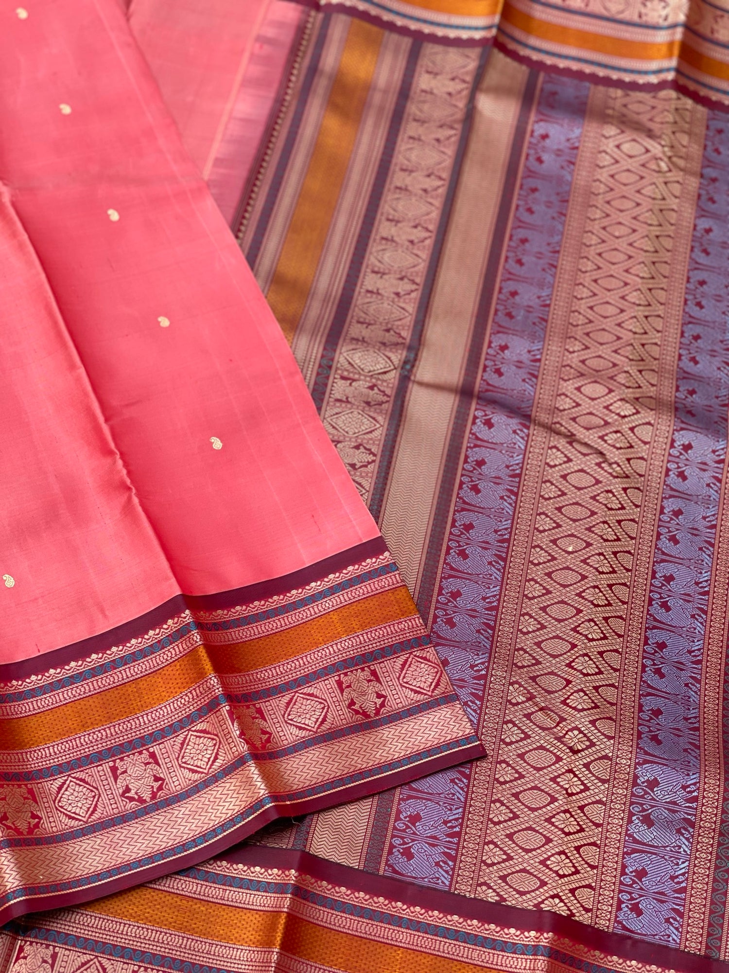 Threadwork Kanchivaram Silk Saree With Diamond And Iruthalapakshi Border