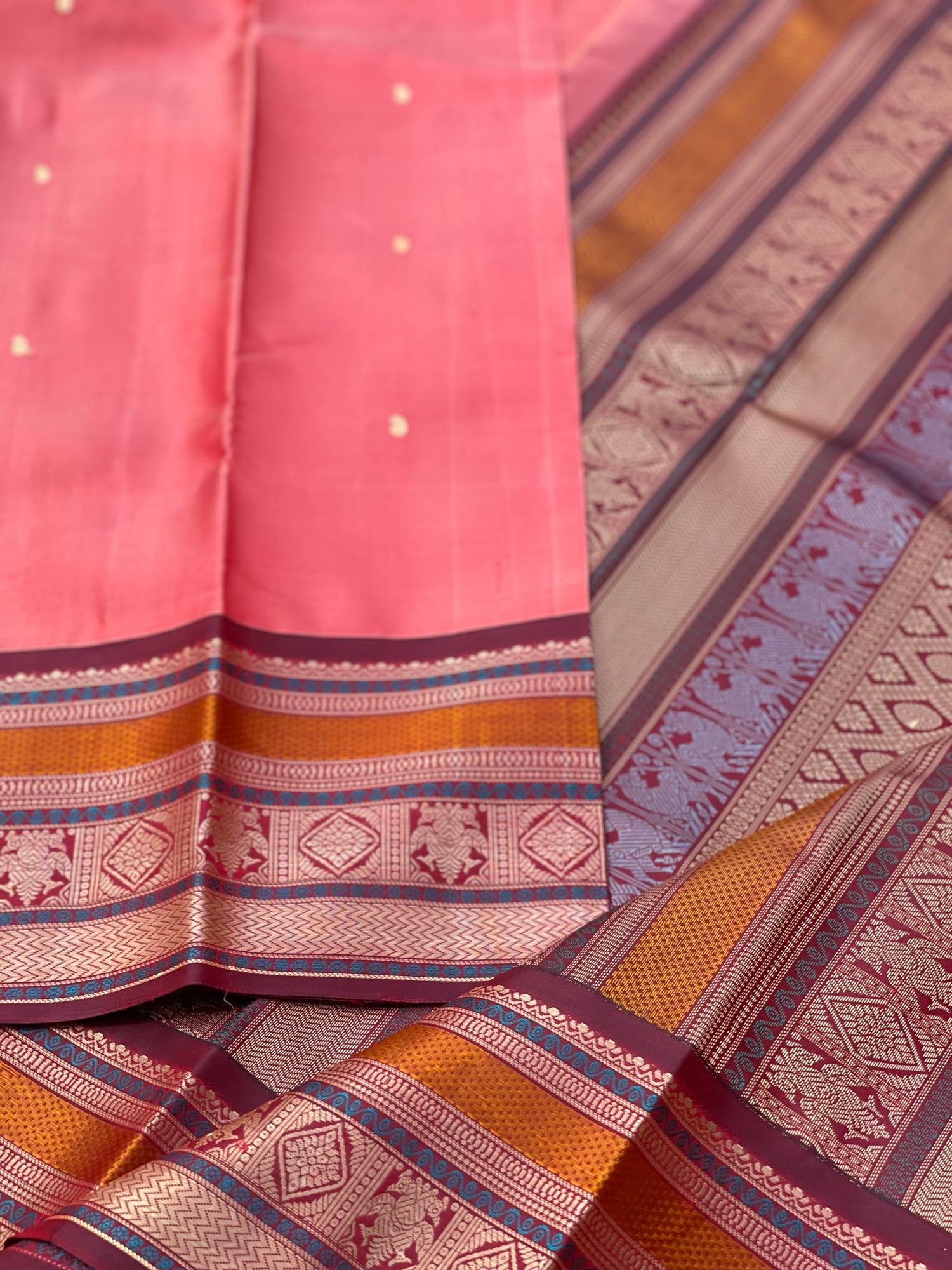 Threadwork Kanchivaram Silk Saree With Diamond And Iruthalapakshi Border