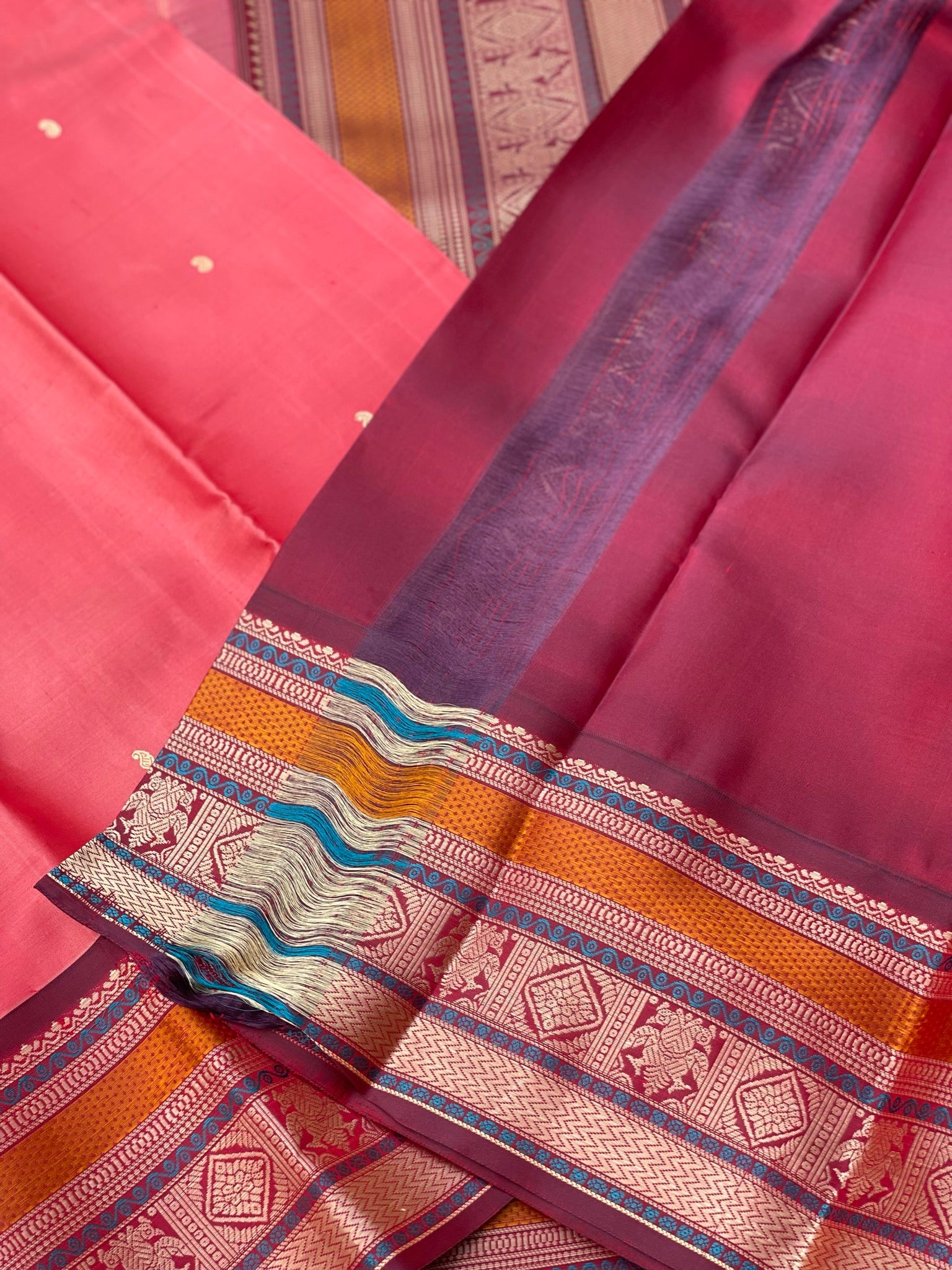 Threadwork Kanchivaram Silk Saree With Diamond And Iruthalapakshi Border