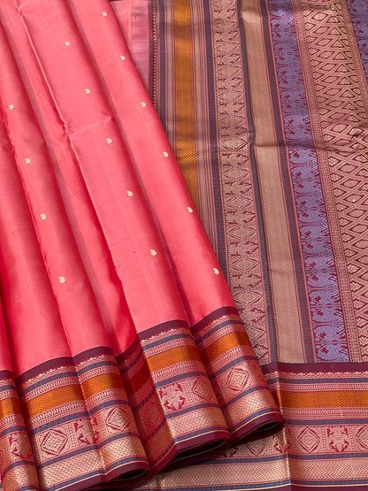 Threadwork Kanchivaram Silk Saree With Diamond And Iruthalapakshi Border