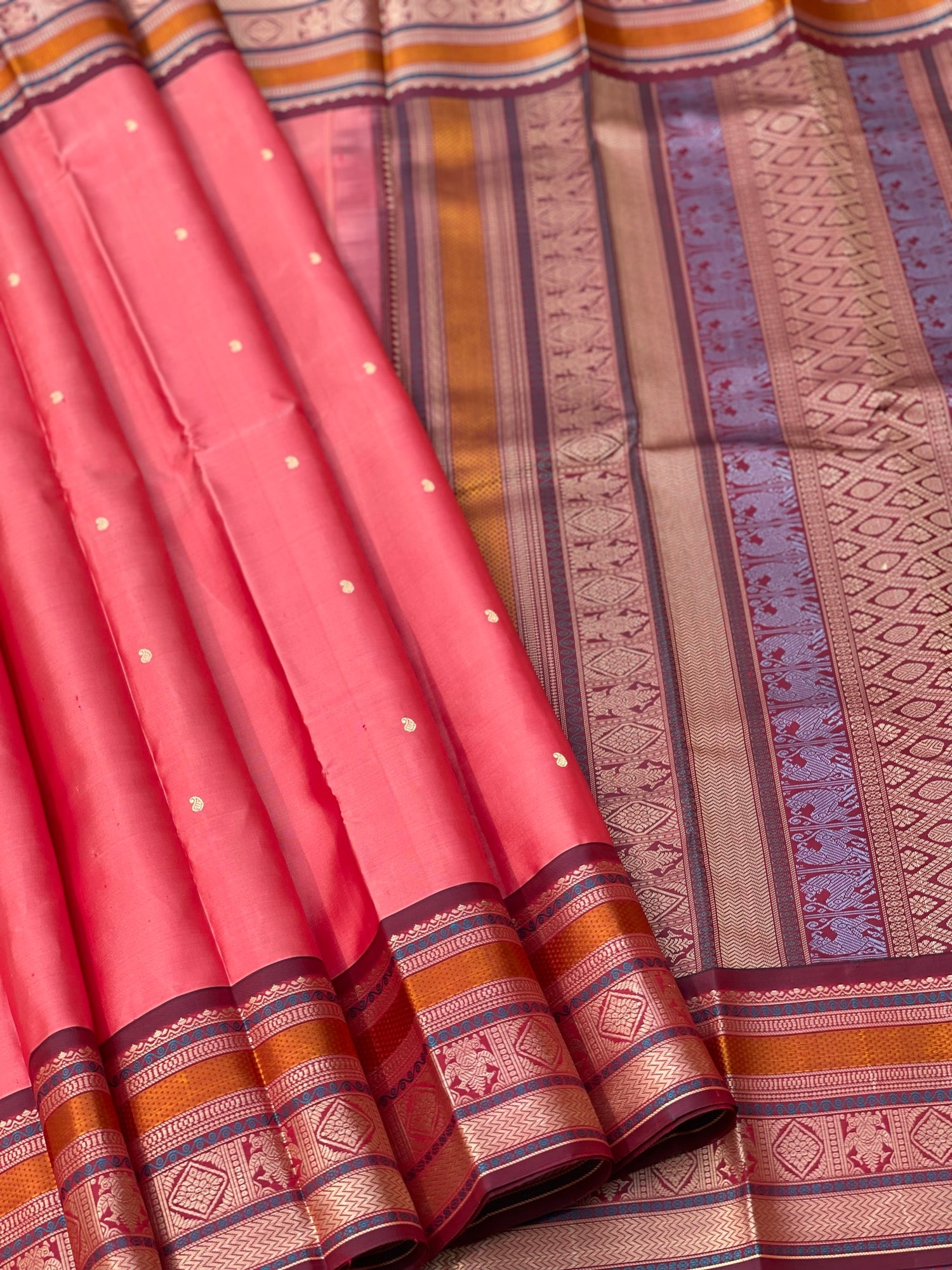 Threadwork Kanchivaram Silk Saree With Diamond And Iruthalapakshi Border