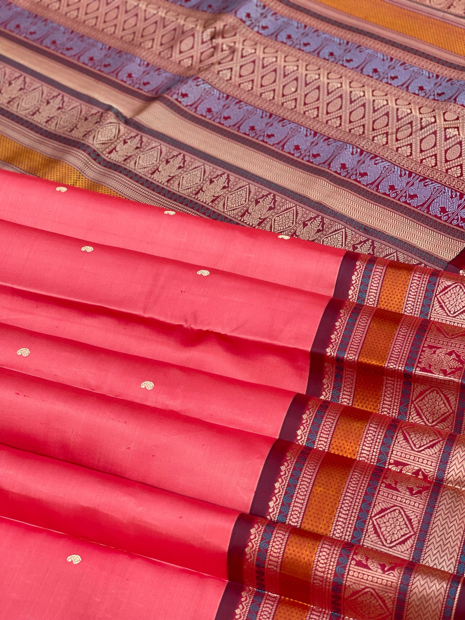 Threadwork Kanchivaram Silk Saree With Diamond And Iruthalapakshi Border