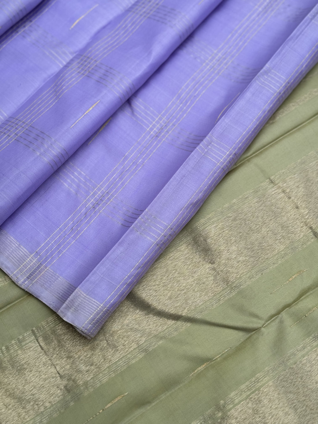 Handwoven Pure Arani Korvai Silk With unique lavender with pastel green or elaichi green zari checks